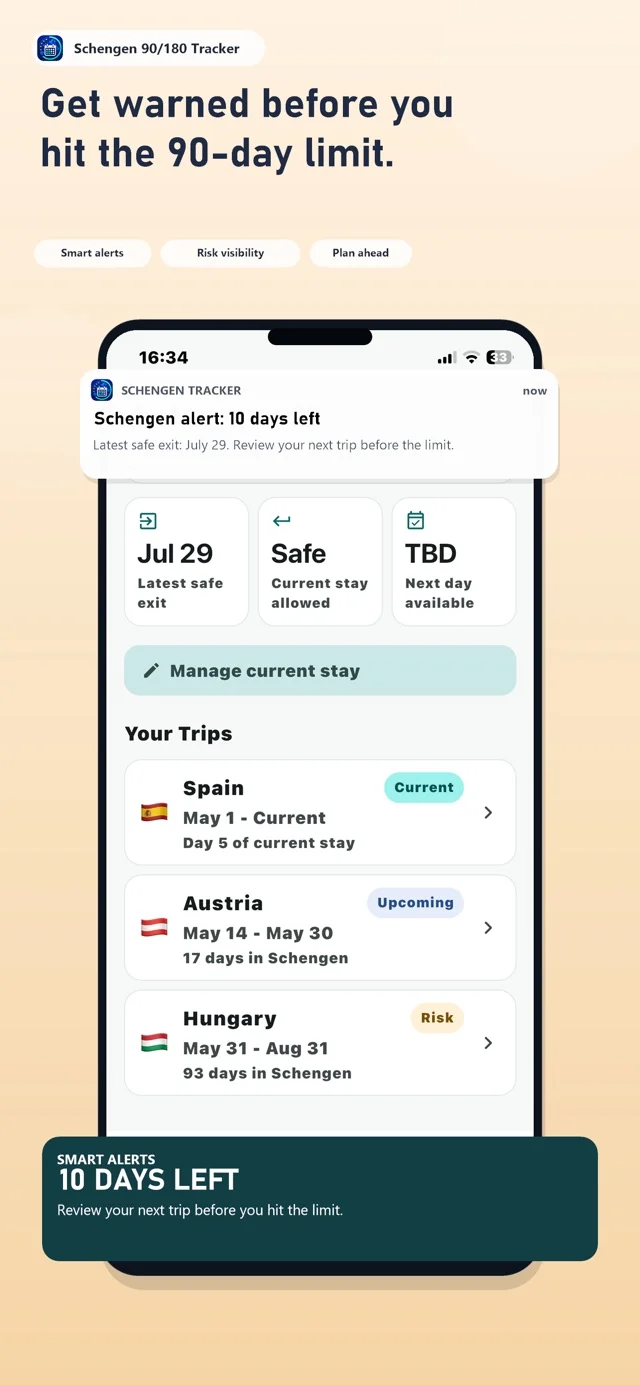 Schengen Tracker notification warning that 10 days remain before the allowance is reached
