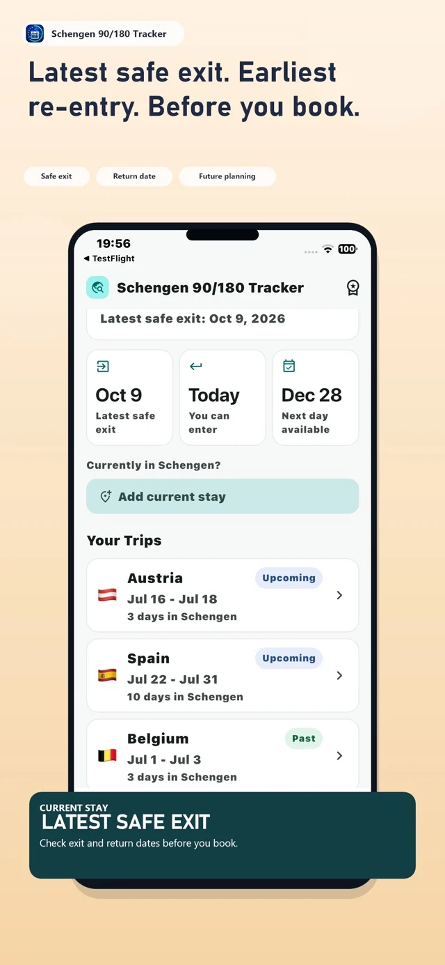 App view showing the latest exit date and earliest return date beside a list of trips