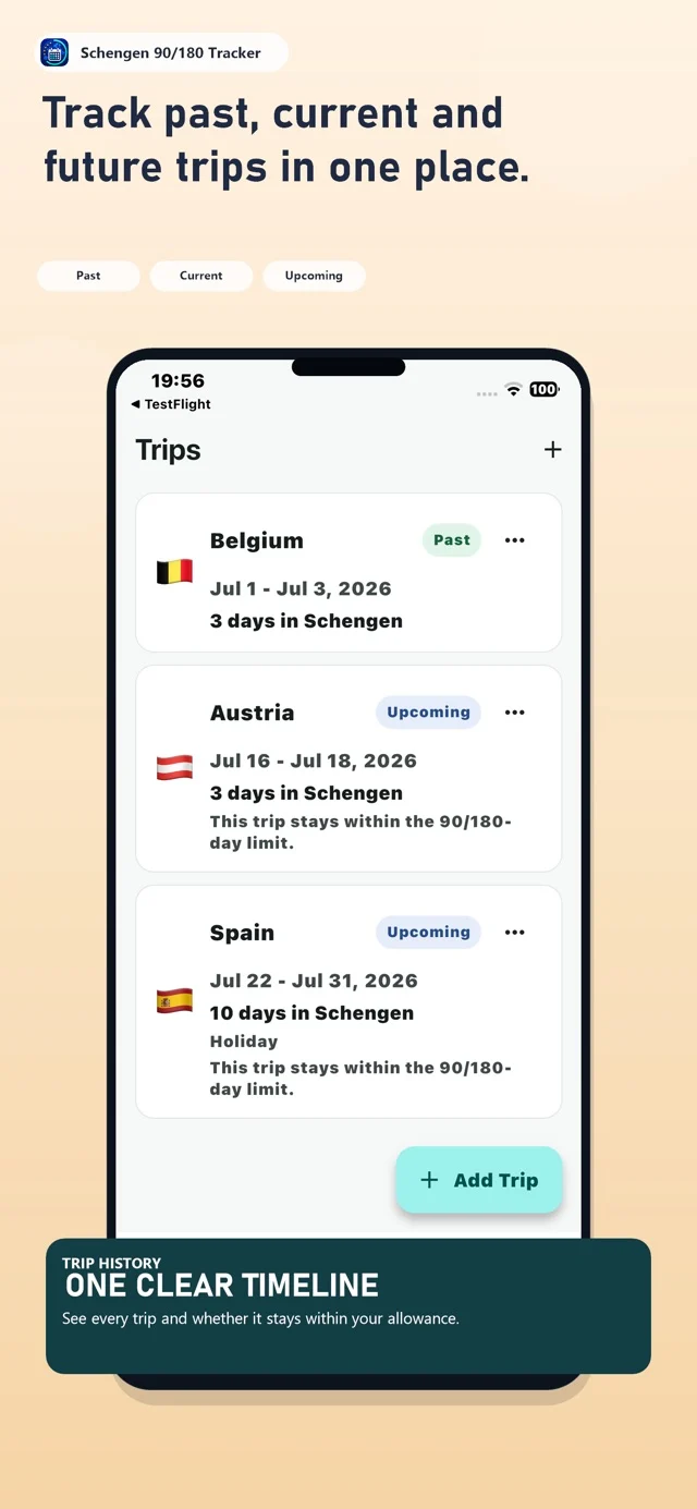 App trip timeline listing past and upcoming Schengen visits